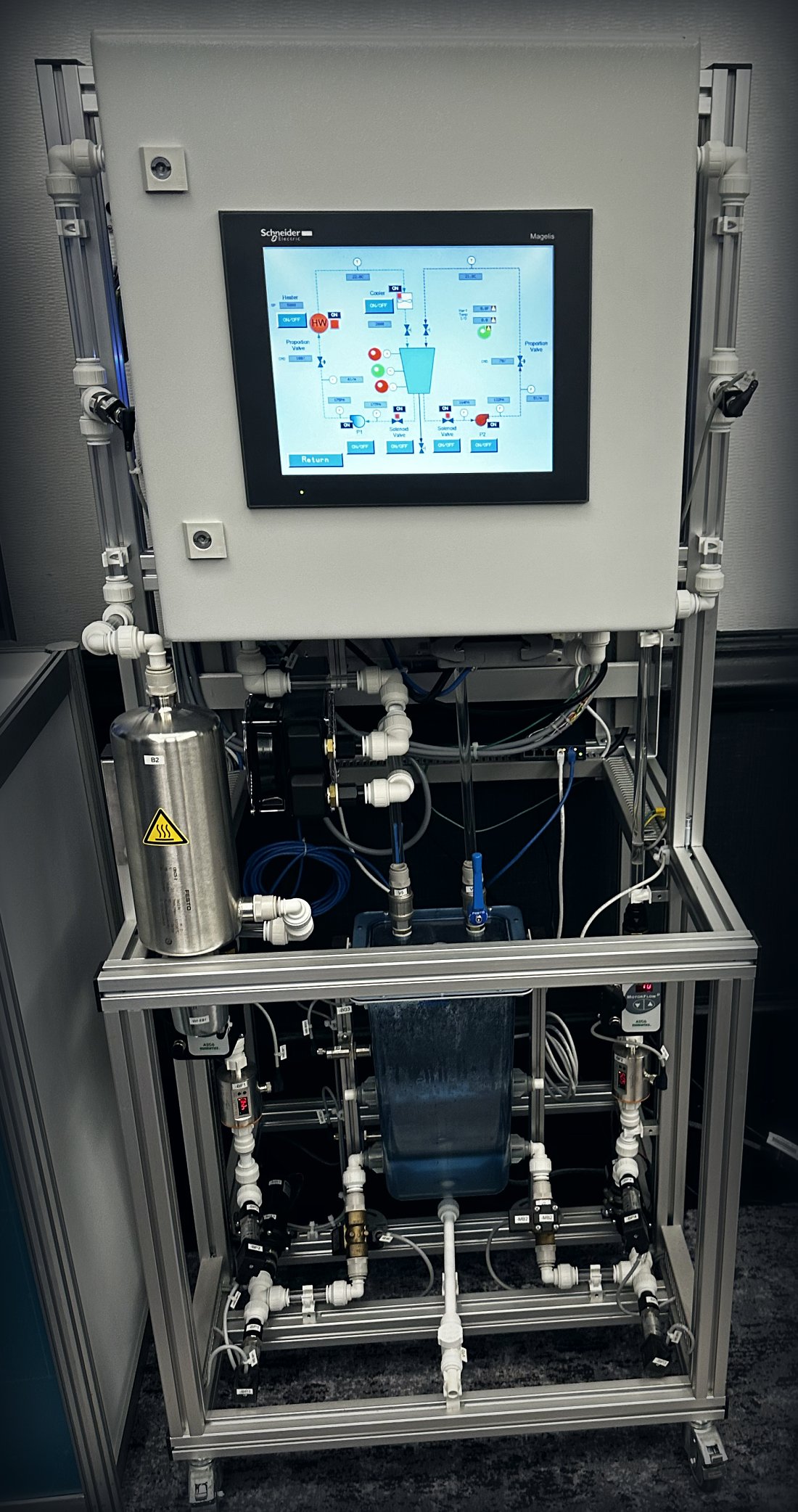 Water treatment skid with touchscreen control panel, pumps, filters, and piping