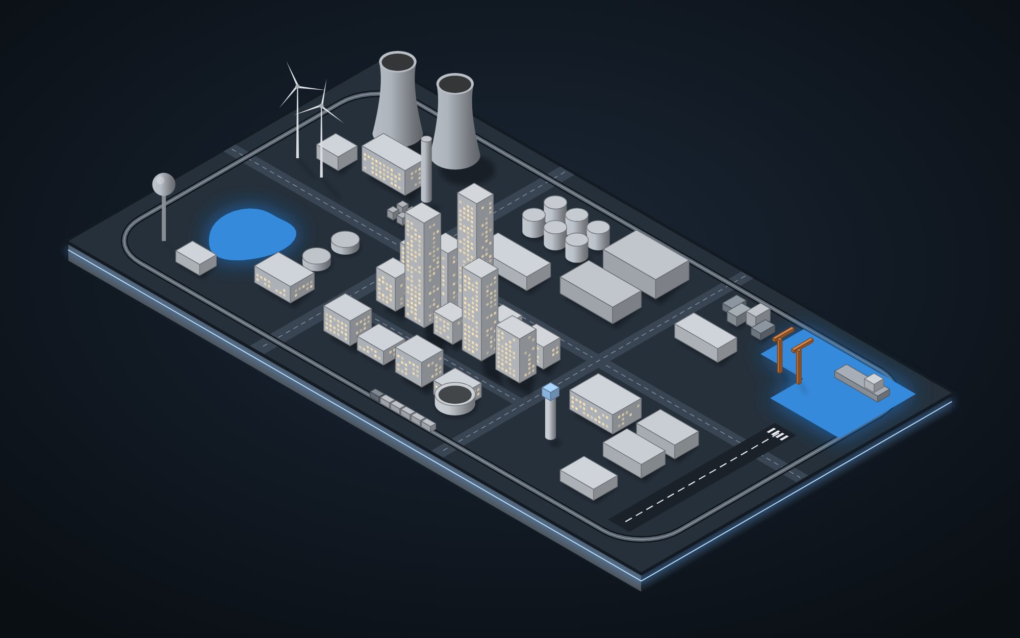 Illustration of the OT Range City model: a power plant, water treatment, port, airport, and rail loop on one training table