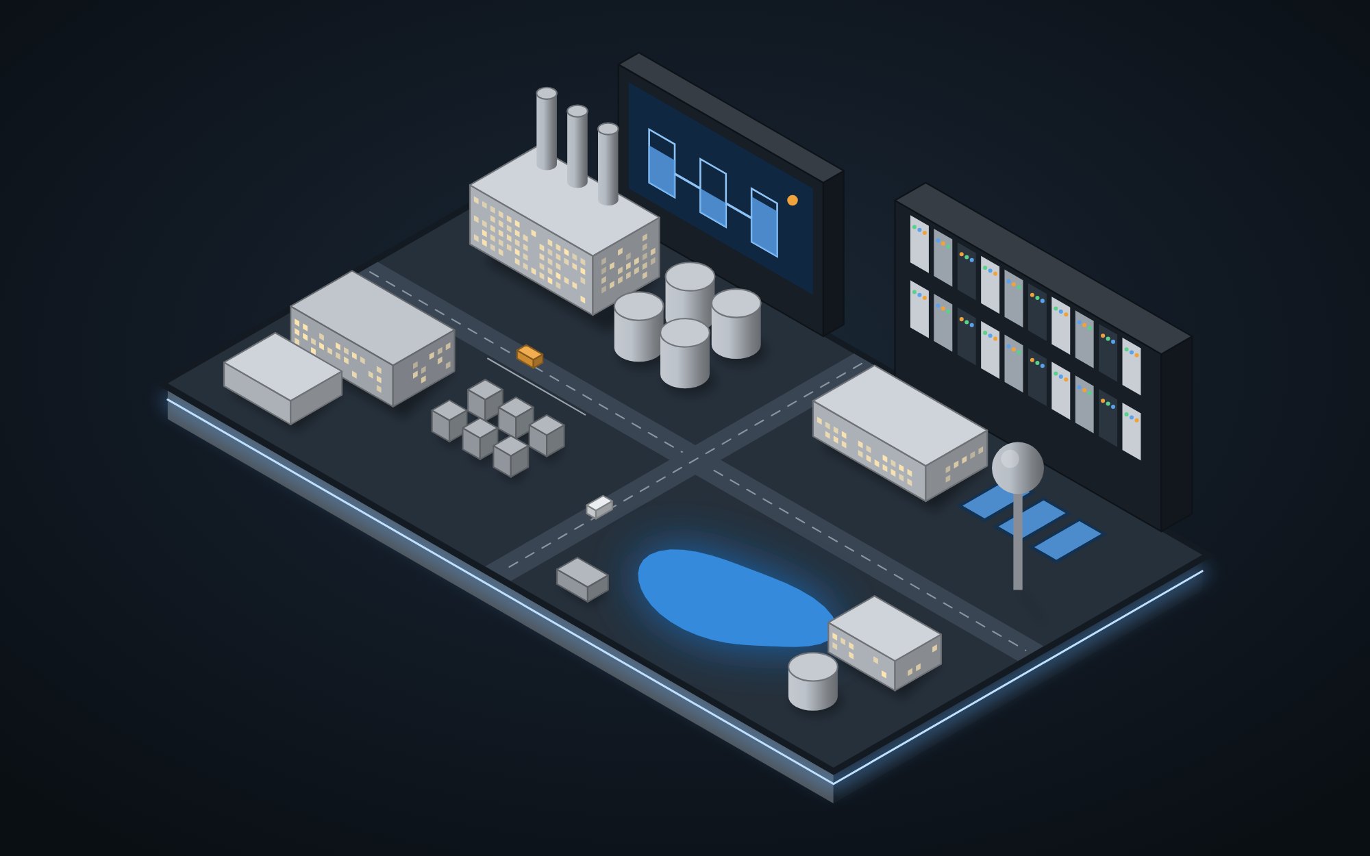 Illustration of the OT Range Plant tabletop model with generation, water treatment, a reservoir, and a control station
