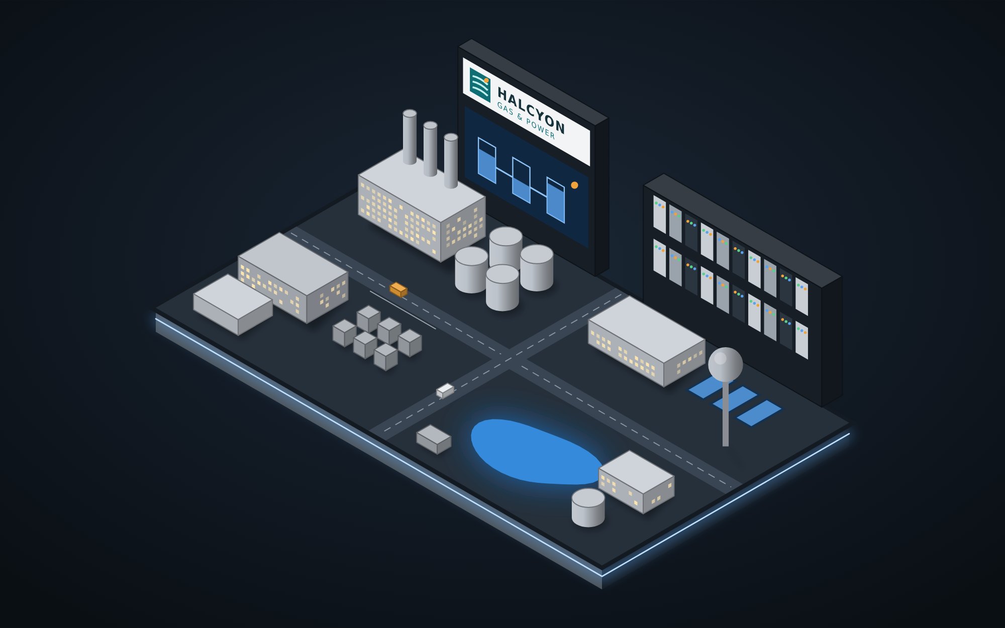 Illustration of an OT Range Plant model branded for a sample utility called Halcyon Gas and Power